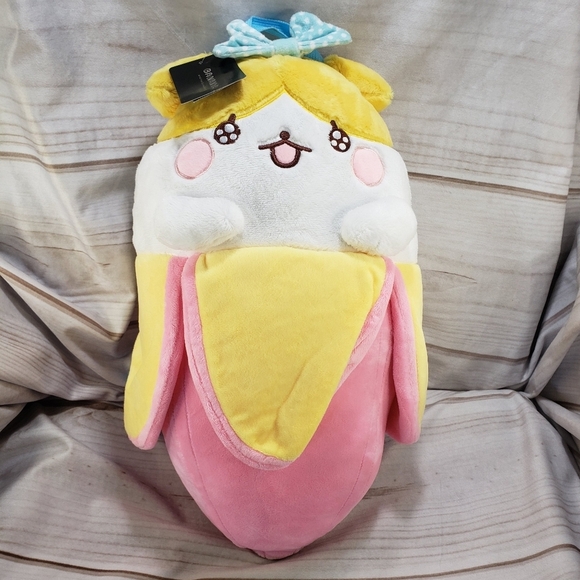 Bioworld Bananya Kitty Cat Gingham Bow Pink Banana Plush Backpack 19 Inch New - Picture 1 of 13